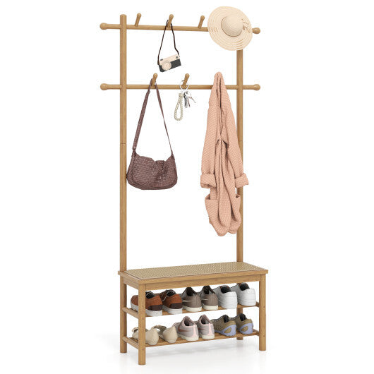 Bamboo Coat Rack PE Rattan Hall Tree with Bench and Shoe Storage 3-In-1 Entryway Bench-Natural