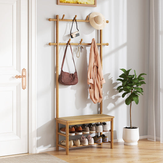 Bamboo Coat Rack PE Rattan Hall Tree with Bench and Shoe Storage 3-In-1 Entryway Bench-Natural