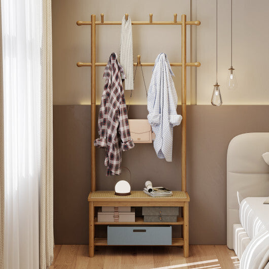 Bamboo Coat Rack PE Rattan Hall Tree with Bench and Shoe Storage 3-In-1 Entryway Bench-Natural