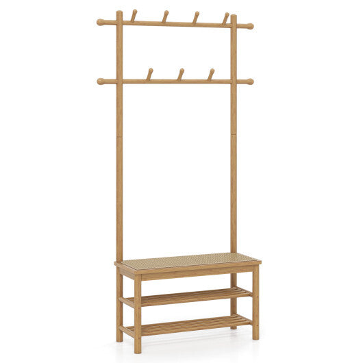 Bamboo Coat Rack PE Rattan Hall Tree with Bench and Shoe Storage 3-In-1 Entryway Bench-Natural