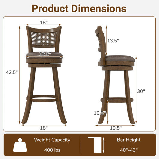 29 Inches Swivel Counter Height Barstool Set of 2 with Rattan Backrest and Footrest-Brown
