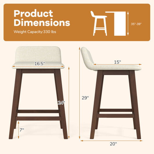 24 Inch Counter Height Bar Stools Set of 2 with Low Back-White