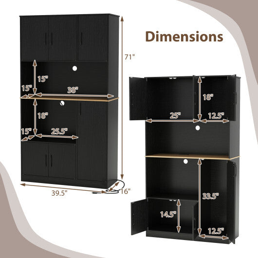 71" Tall Kitchen Pantry Cabinet with Charging Station Wooden Buffet Cupboard Sideboard-Black