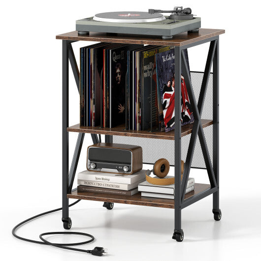 3-Tier Record Player Stand with Charging Station and Adjustable Shelf-Coffee