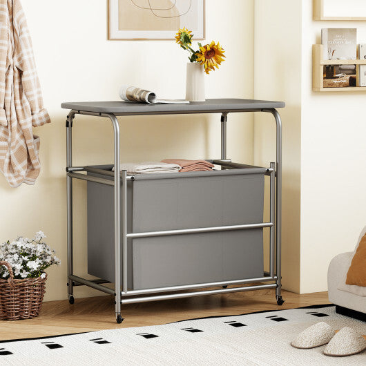 3-Section Laundry Sorter with Foldable Ironing Board and Lockable Wheels-Gray