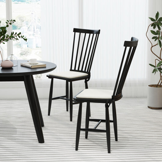 Dining Chairs Set of 2 Farmhouse Solid Rubber Wood Windsor Chairs with Removable Seat Cushions-Black