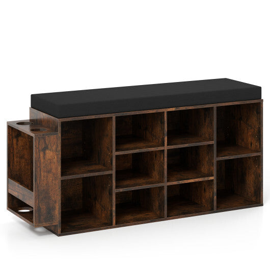 Shoe Storage Bench with Umbrella Stand 10-Cubby Entryway Shoe Rack Organizer-Black