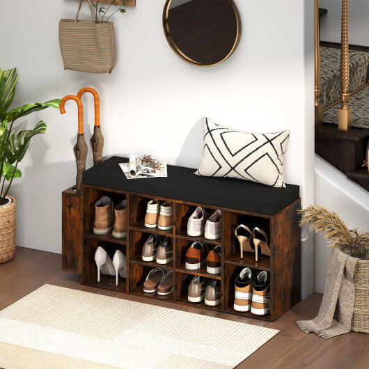 Shoe Storage Bench with Umbrella Stand 10-Cubby Entryway Shoe Rack Organizer-Black