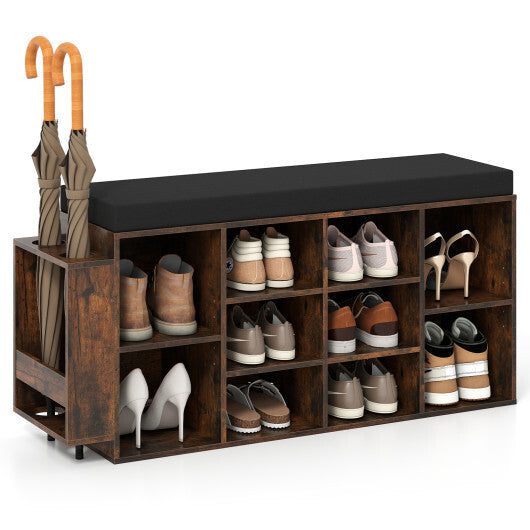 Shoe Storage Bench with Umbrella Stand 10-Cubby Entryway Shoe Rack Organizer-Black