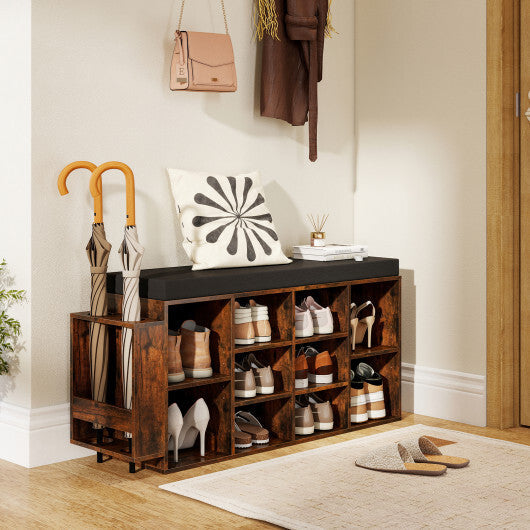 Shoe Storage Bench with Umbrella Stand 10-Cubby Entryway Shoe Rack Organizer-Black