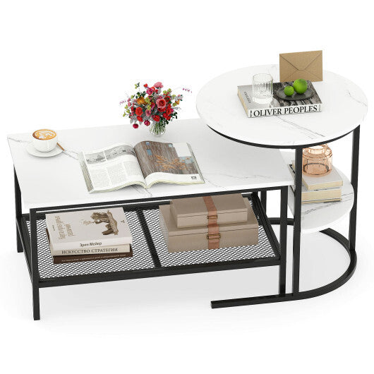 Coffee Table Set of 2 2-Tier Rectangle Coffee Table and Side End Table with Storage Shelves-White