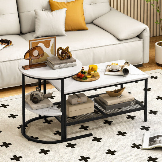Coffee Table Set of 2 2-Tier Rectangle Coffee Table and Side End Table with Storage Shelves-White