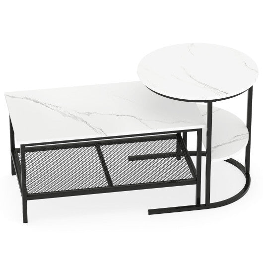 Coffee Table Set of 2 2-Tier Rectangle Coffee Table and Side End Table with Storage Shelves-White