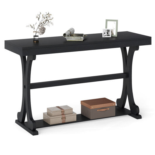 Narrow Console Table Vintage 52 Inch Long with Open Storage Shelf-Walnut