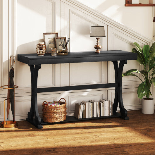 Narrow Console Table Vintage 52 Inch Long with Open Storage Shelf-Walnut