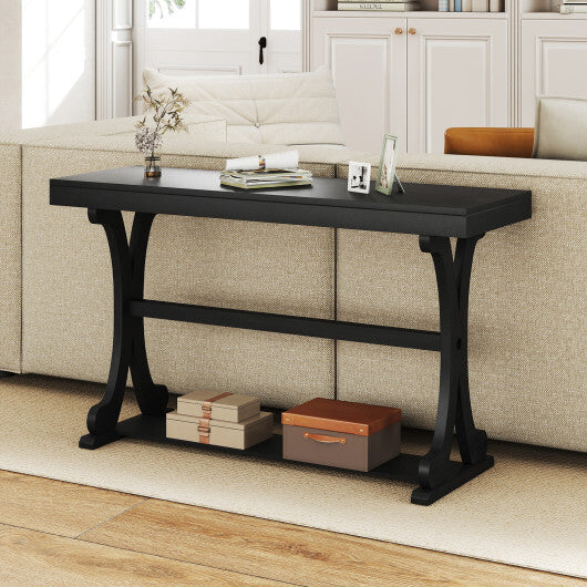 Narrow Console Table Vintage 52 Inch Long with Open Storage Shelf-Walnut