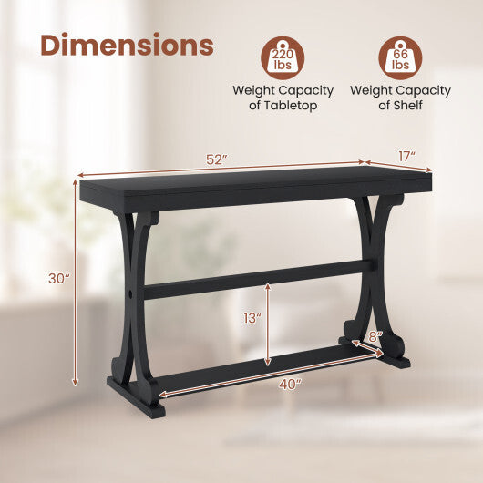 Narrow Console Table Vintage 52 Inch Long with Open Storage Shelf-Walnut