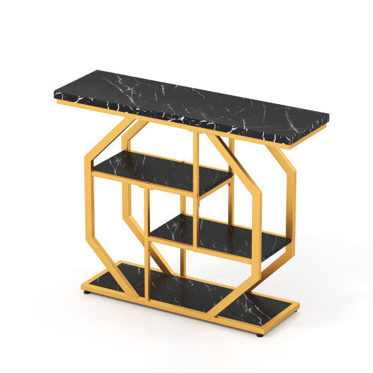 Modern Sofa Table Behind Couch 4-Tier Console Table with Faux Marble Tabletop-Black
