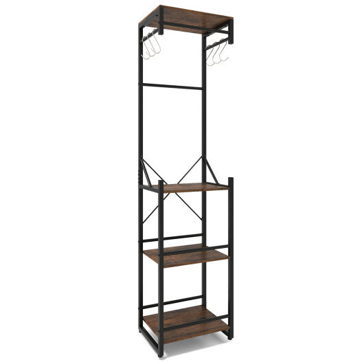 Freestanding Coat Rack with 4 Storage Shelves and 6 Hooks-Rustic Brown