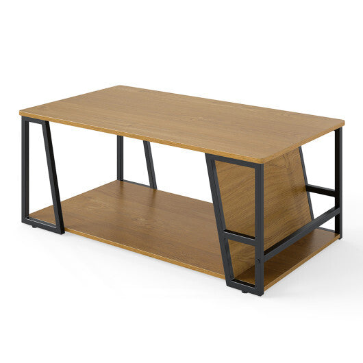 Rectangle Coffee Table 2-tier Industrial Accent Table with Storage Shelf and Compartment-Natural