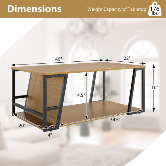 Rectangle Coffee Table 2-tier Industrial Accent Table with Storage Shelf and Compartment-Natural