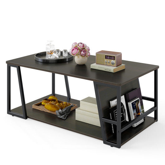 Rectangle Coffee Table 2-tier Industrial Accent Table with Storage Shelf and Compartment-Natural