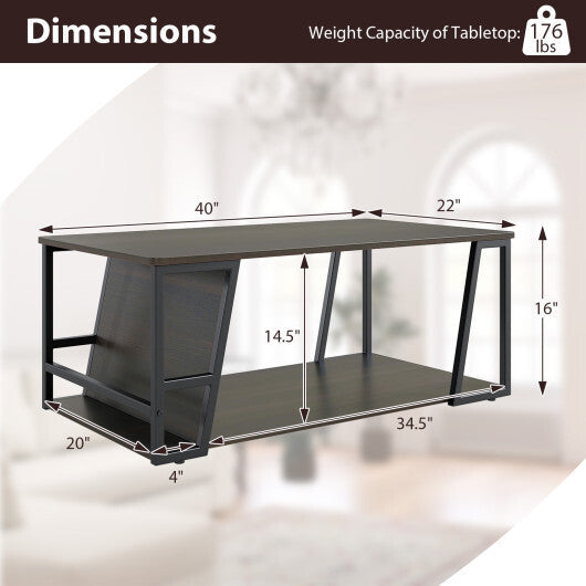 Rectangle Coffee Table 2-tier Industrial Accent Table with Storage Shelf and Compartment-Natural
