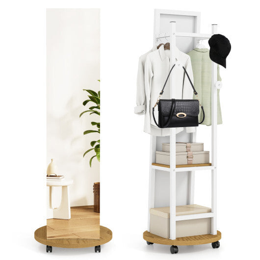Coat Rack with Full Length Mirror Freestanding Coat Tree with 3 Hooks-Walnut