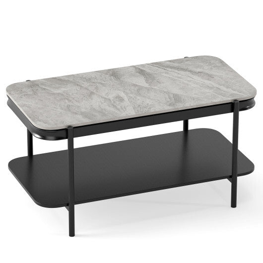 2-Tier Modern Rectangular Coffee Table with Sintered Stone Top-White