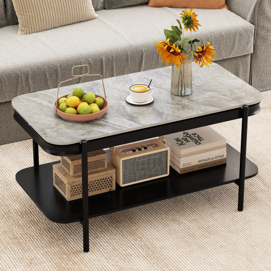 2-Tier Modern Rectangular Coffee Table with Sintered Stone Top-White