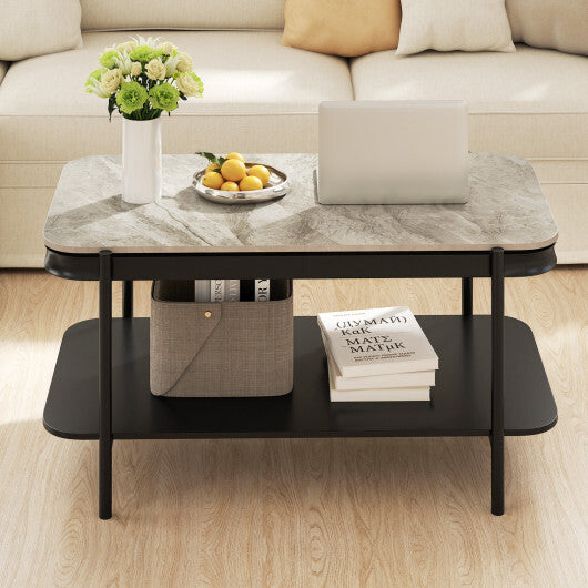 2-Tier Modern Rectangular Coffee Table with Sintered Stone Top-White