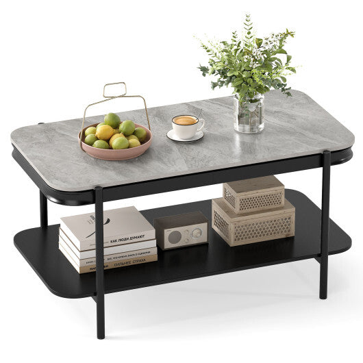 2-Tier Modern Rectangular Coffee Table with Sintered Stone Top-White