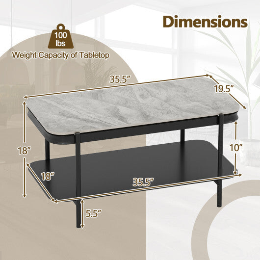 2-Tier Modern Rectangular Coffee Table with Sintered Stone Top-White