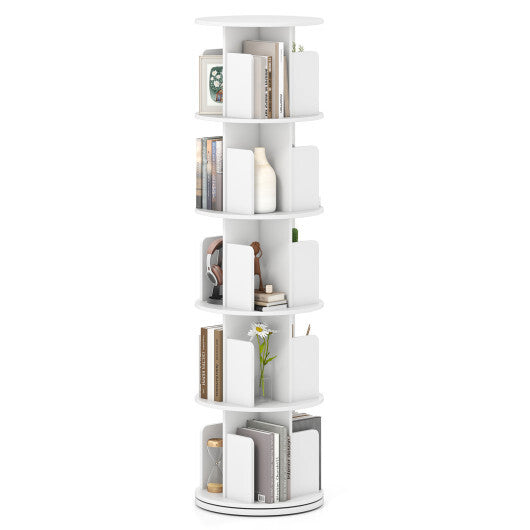 5-Tier Rotating Bookshelf 360? Display Rack with Dividers and Anti-falling Baffles-White
