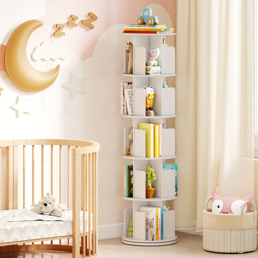 5-Tier Rotating Bookshelf 360? Display Rack with Dividers and Anti-falling Baffles-White