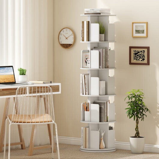 5-Tier Rotating Bookshelf 360? Display Rack with Dividers and Anti-falling Baffles-White