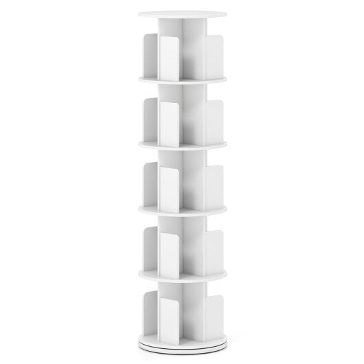 5-Tier Rotating Bookshelf 360? Display Rack with Dividers and Anti-falling Baffles-White