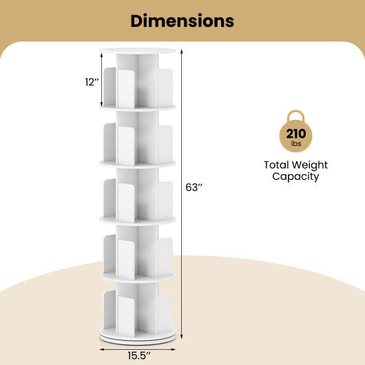 5-Tier Rotating Bookshelf 360? Display Rack with Dividers and Anti-falling Baffles-White