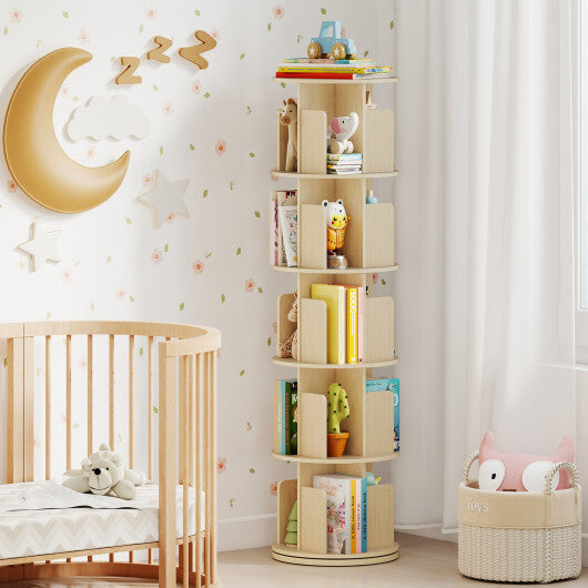 5-Tier Rotating Bookshelf 360? Display Rack with Dividers and Anti-falling Baffles-White