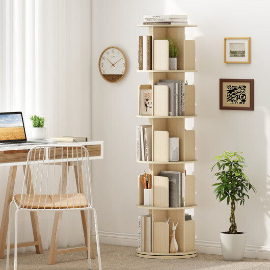 5-Tier Rotating Bookshelf 360? Display Rack with Dividers and Anti-falling Baffles-White