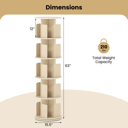 5-Tier Rotating Bookshelf 360? Display Rack with Dividers and Anti-falling Baffles-White