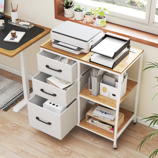 3 Drawer Mobile File Cabinet with Charging Station Rolling Printer Stand with Open Storage Shelves-Natural