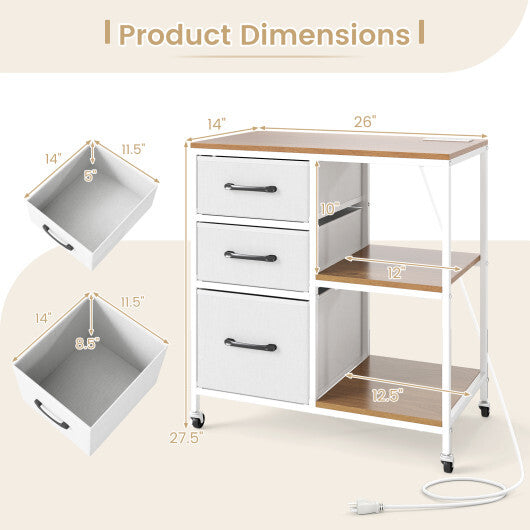 3 Drawer Mobile File Cabinet with Charging Station Rolling Printer Stand with Open Storage Shelves-Natural
