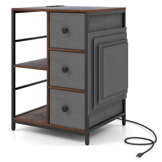 Side Table with Charging Station Industrial Nightstand with Open Shelves-Rustic Brown