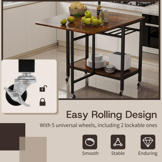 Folding Dining Table with Expandable Laptop with Wine Rack and Wheels-Rustic Brown