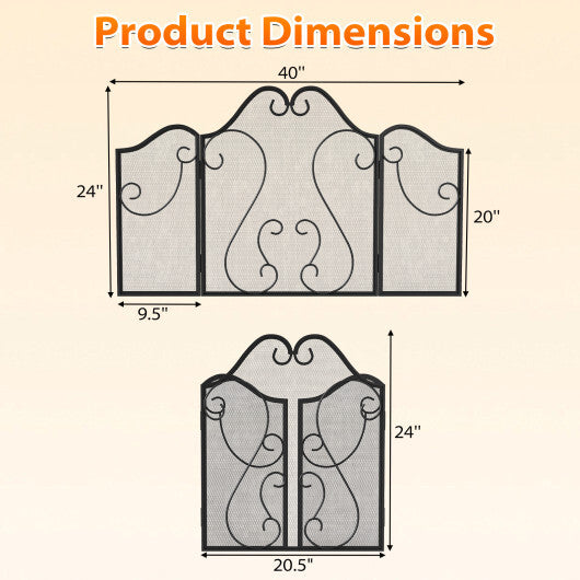3 Panel Fireplace Screen Foldable Spark Guard Cover with Decorative Scroll