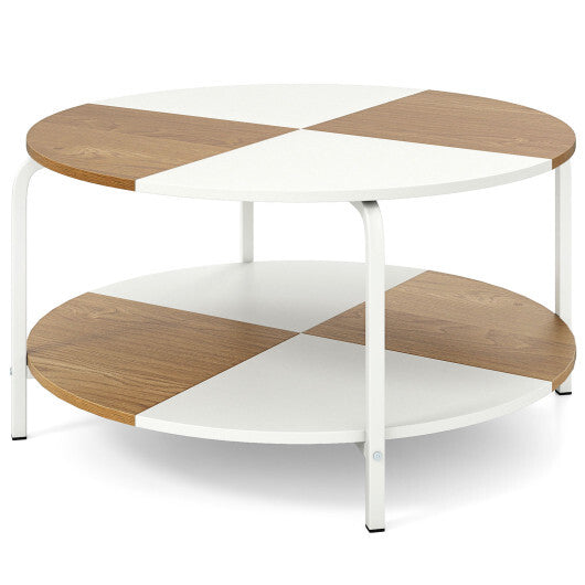 2-Tier Round Coffee Table Metal Frame with Storage Shelf-Natural & White