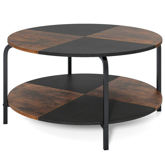 2-Tier Round Coffee Table Metal Frame with Storage Shelf-Natural & White
