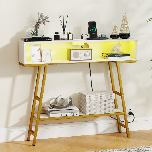 40" Console Table with Charging Station and LED Lights-Rustic Brown