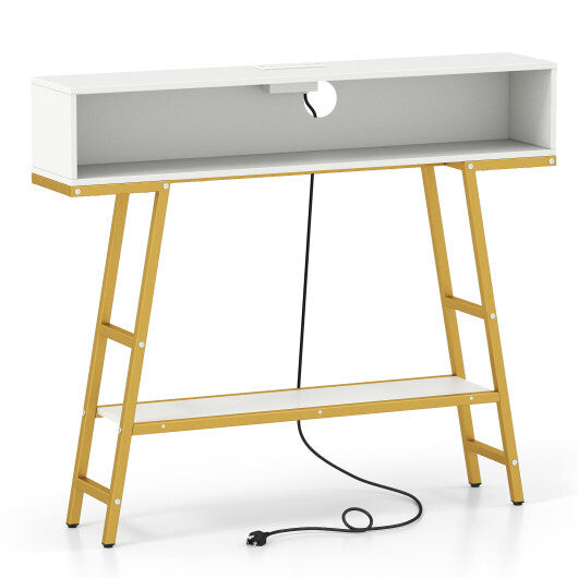 40" Console Table with Charging Station and LED Lights-Rustic Brown